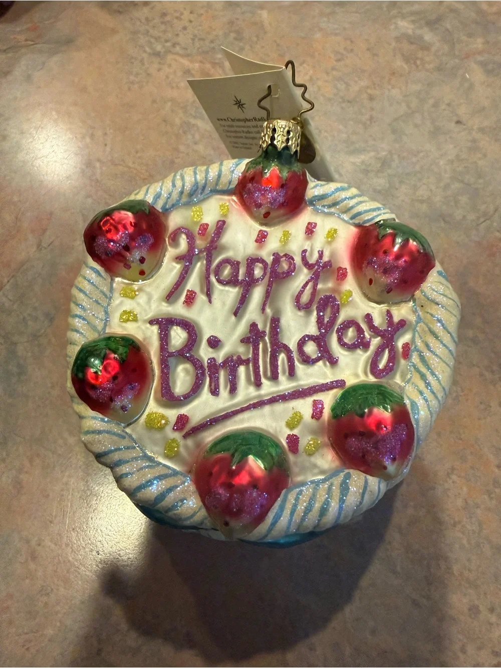 Christopher Radko Glass 'Happy Birthday' Cake Ornament - Pink, Red, Green, White